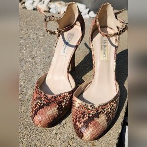 L.K. Bennett dusty pink, snake print leather ankle strap high heel pump in 38